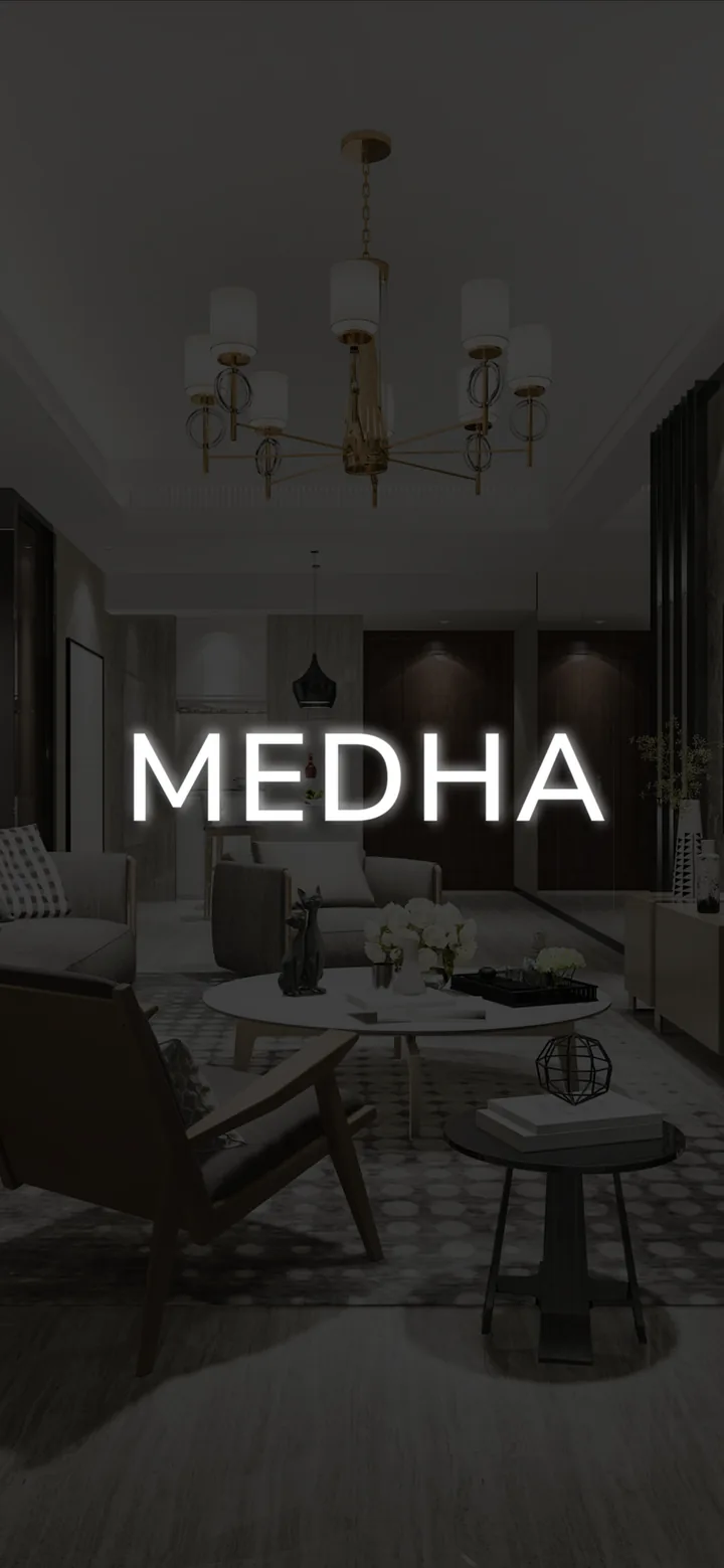 Redesigned Confio welcome screen with the word MEDHA over a dimmed living room.