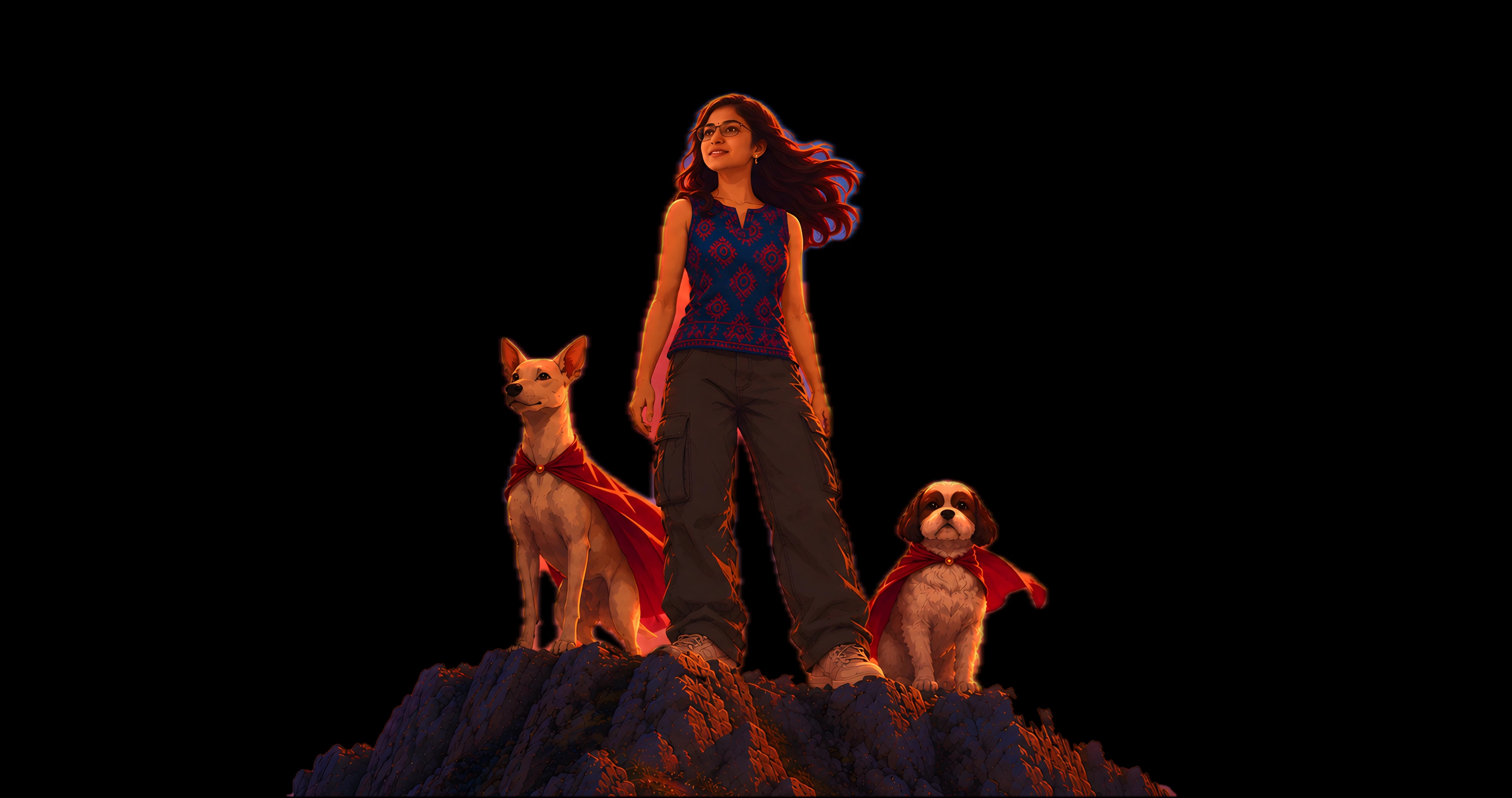 Illustration of Leela Sai standing on a rocky summit at sunset with her two dogs in red capes, under an orange-and-blue sky.