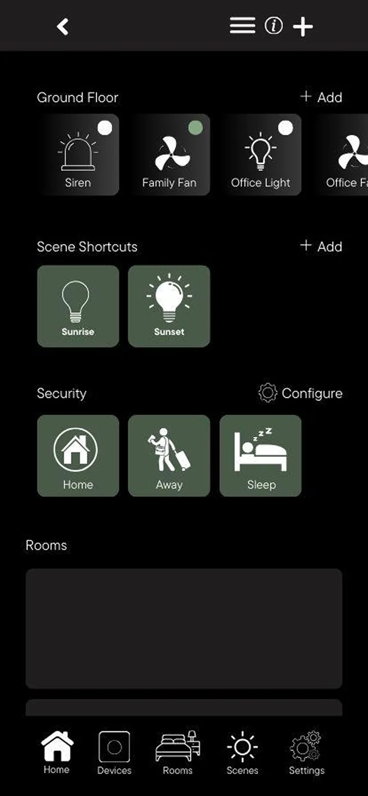 Original Confio home screen: floor devices, scene shortcuts, security modes and rooms on flat grey tiles.