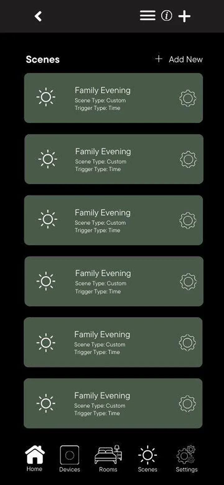 Original Confio scenes screen: repeated green scene cards.